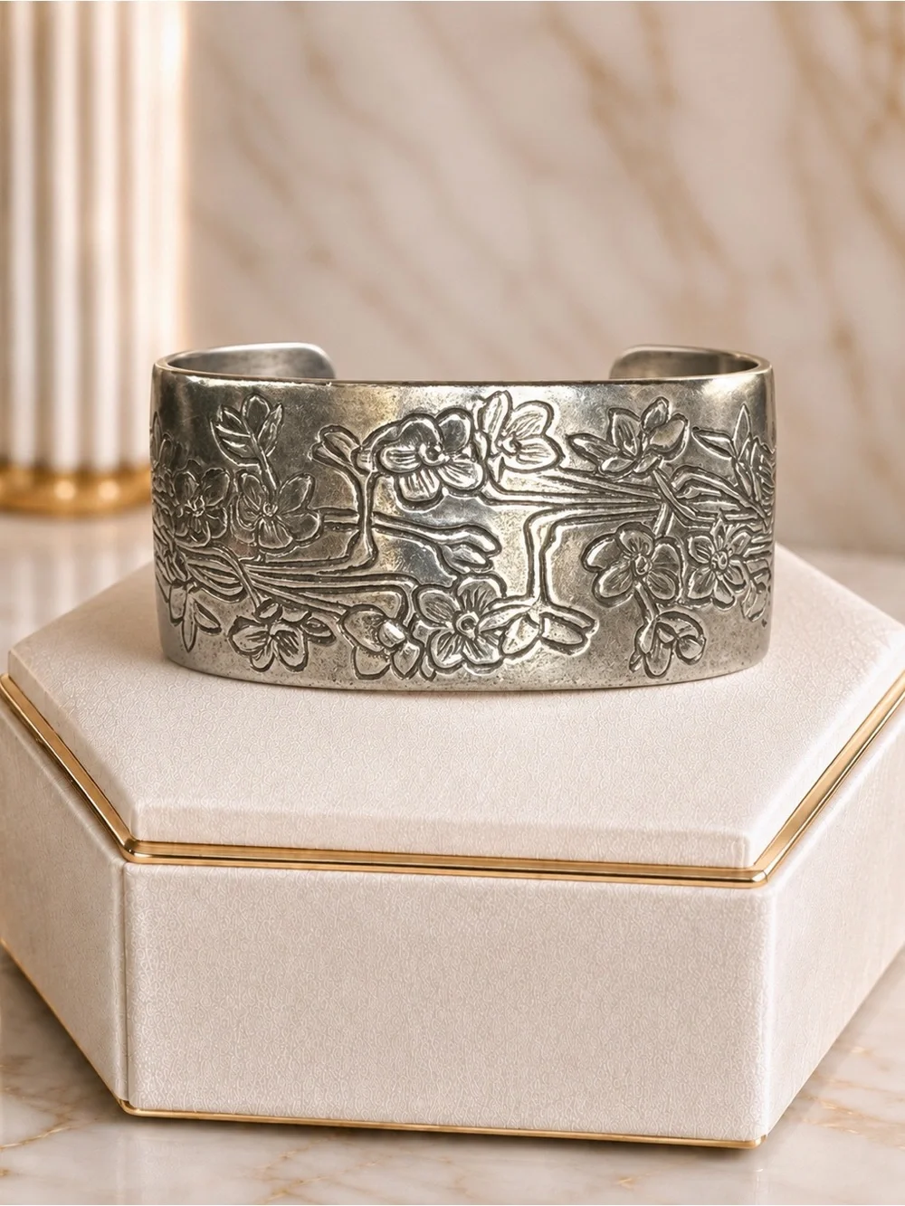Vintage Floral Pewter Salisbury Pewter Bangle Cuff Bracelet “December “